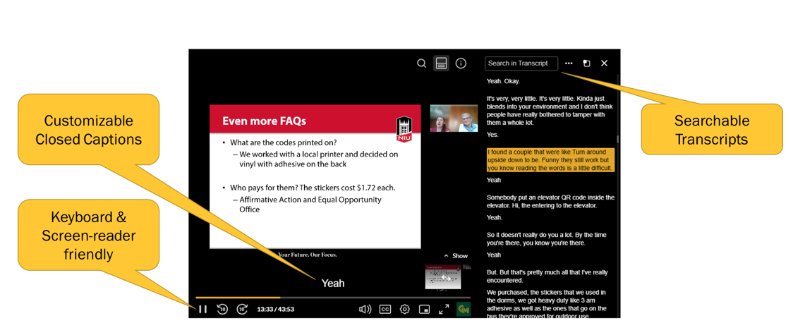 Video platform displaying captions and interactive transcript. Information indicates keyboard accessibility as well.