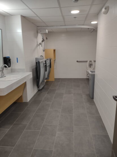 Image of the inside of the accessible bathroom in SUB 1 located by Suite 3600.